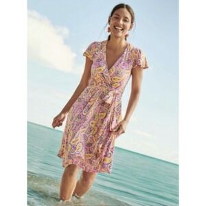 Boden Evangeline Jersey Faux Wrap Dress Pink Paisley Stretch Colorful Sz 6 Boho